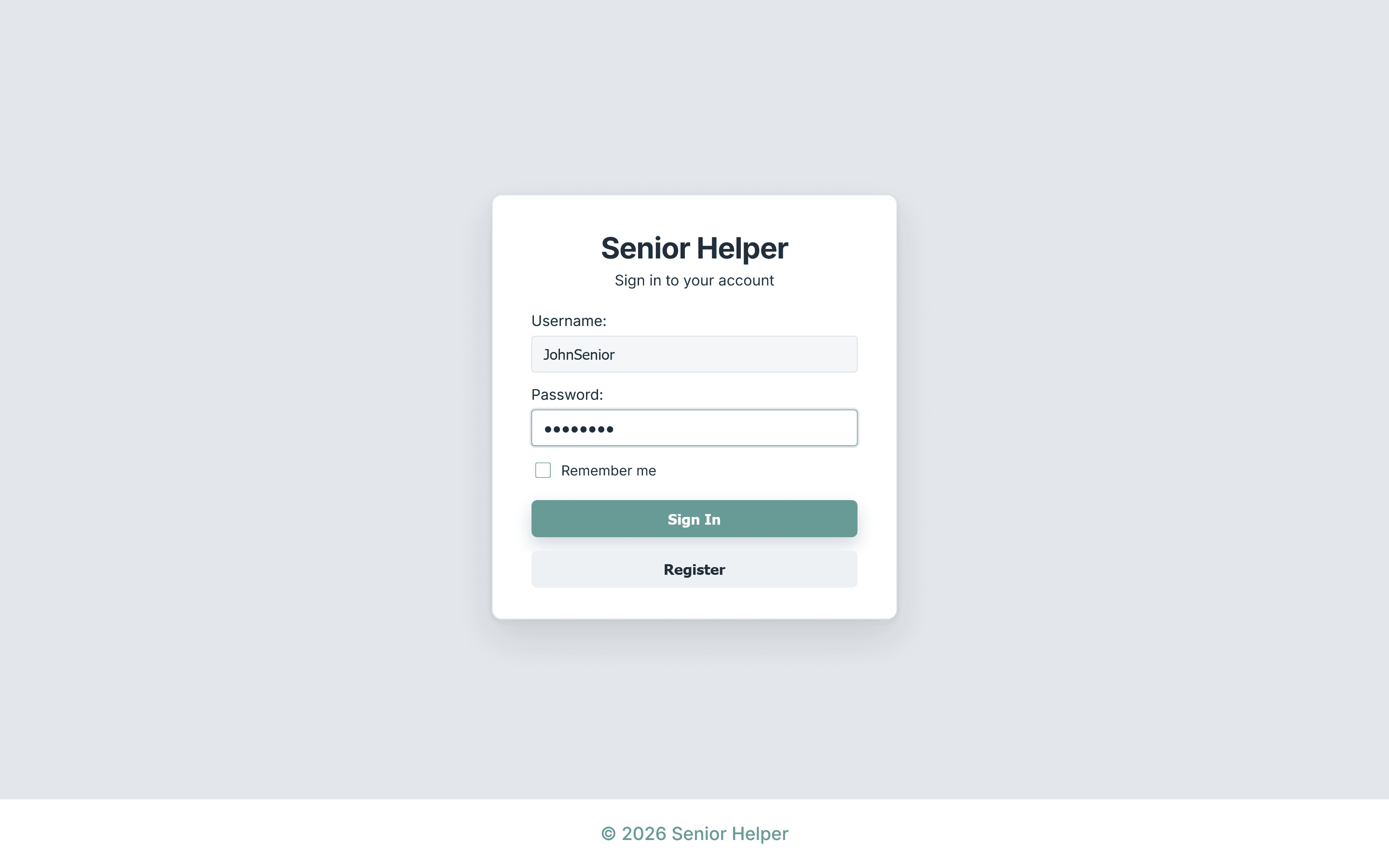 Senior Helper sign in form in light mode