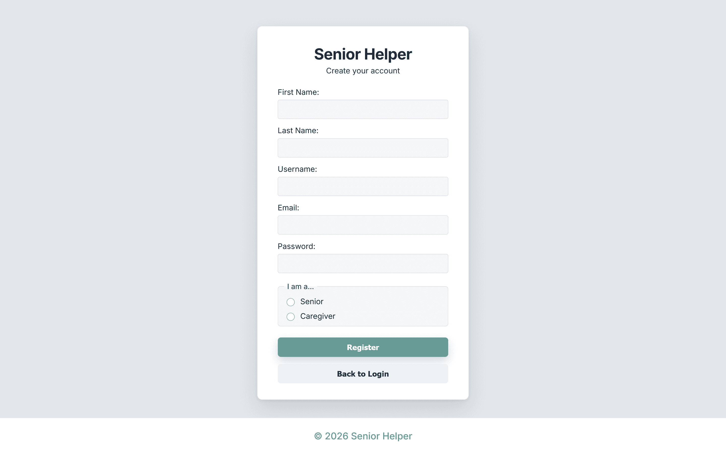 Senior Helper account registration form in light mode