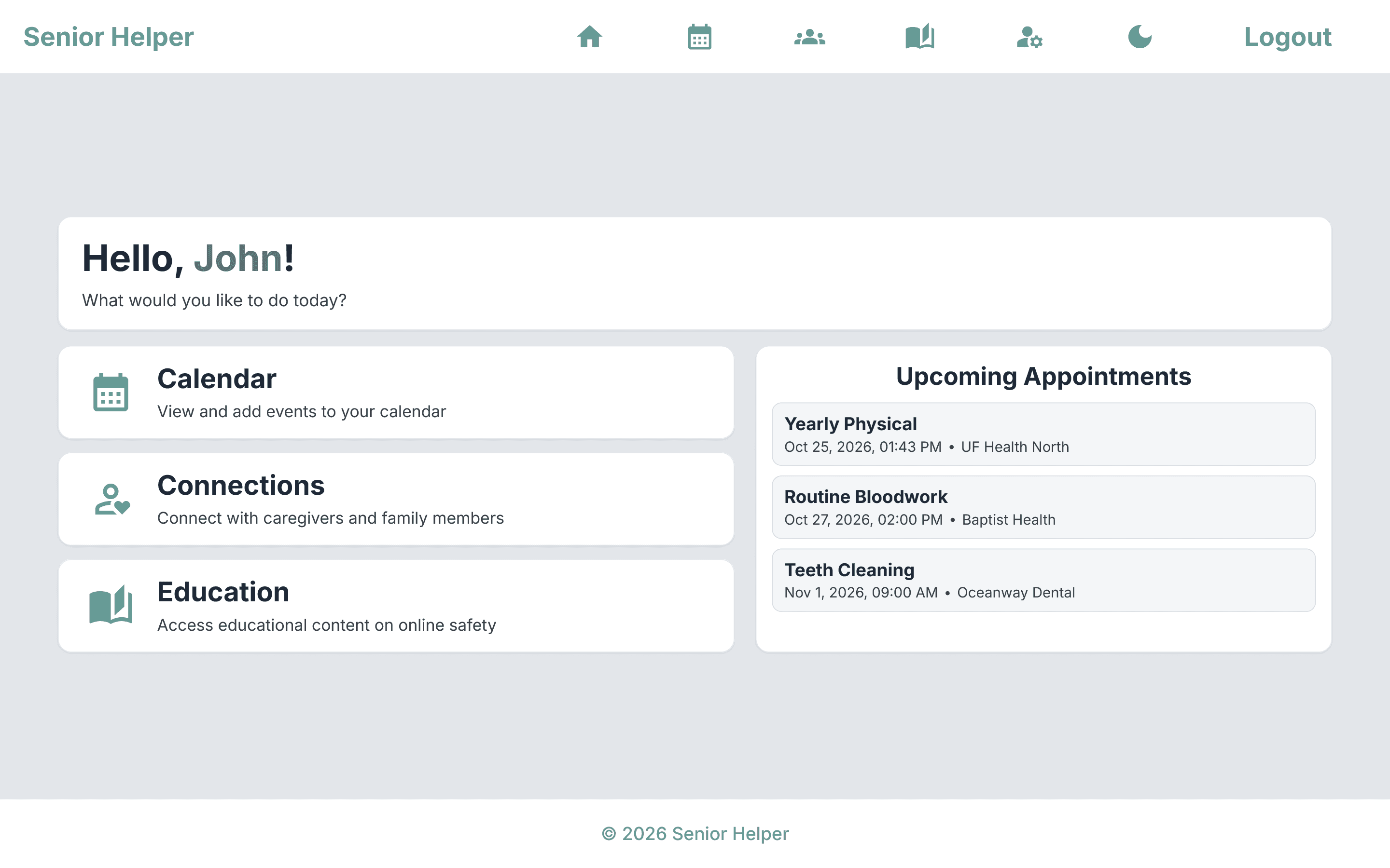 Senior Helper dashboard in light mode