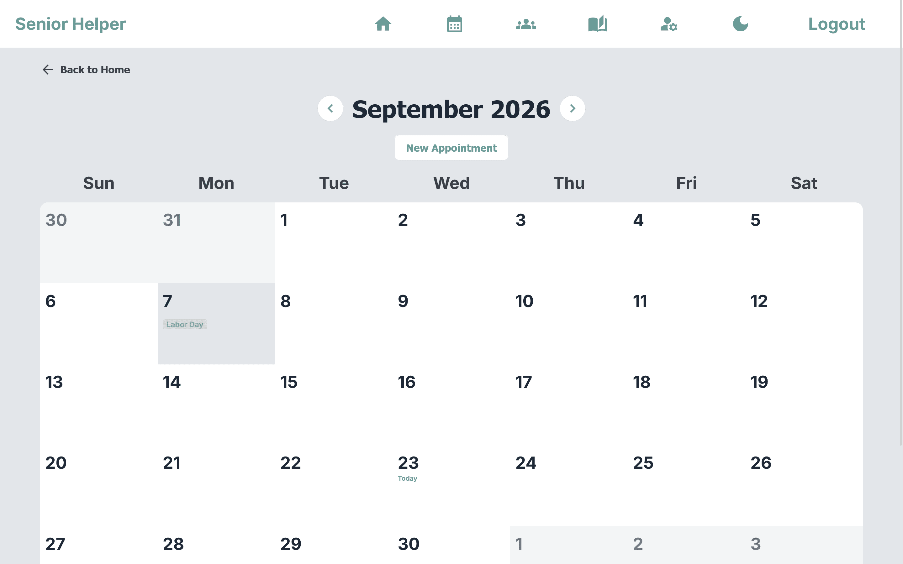 Senior Helper appointment calendar in light mode