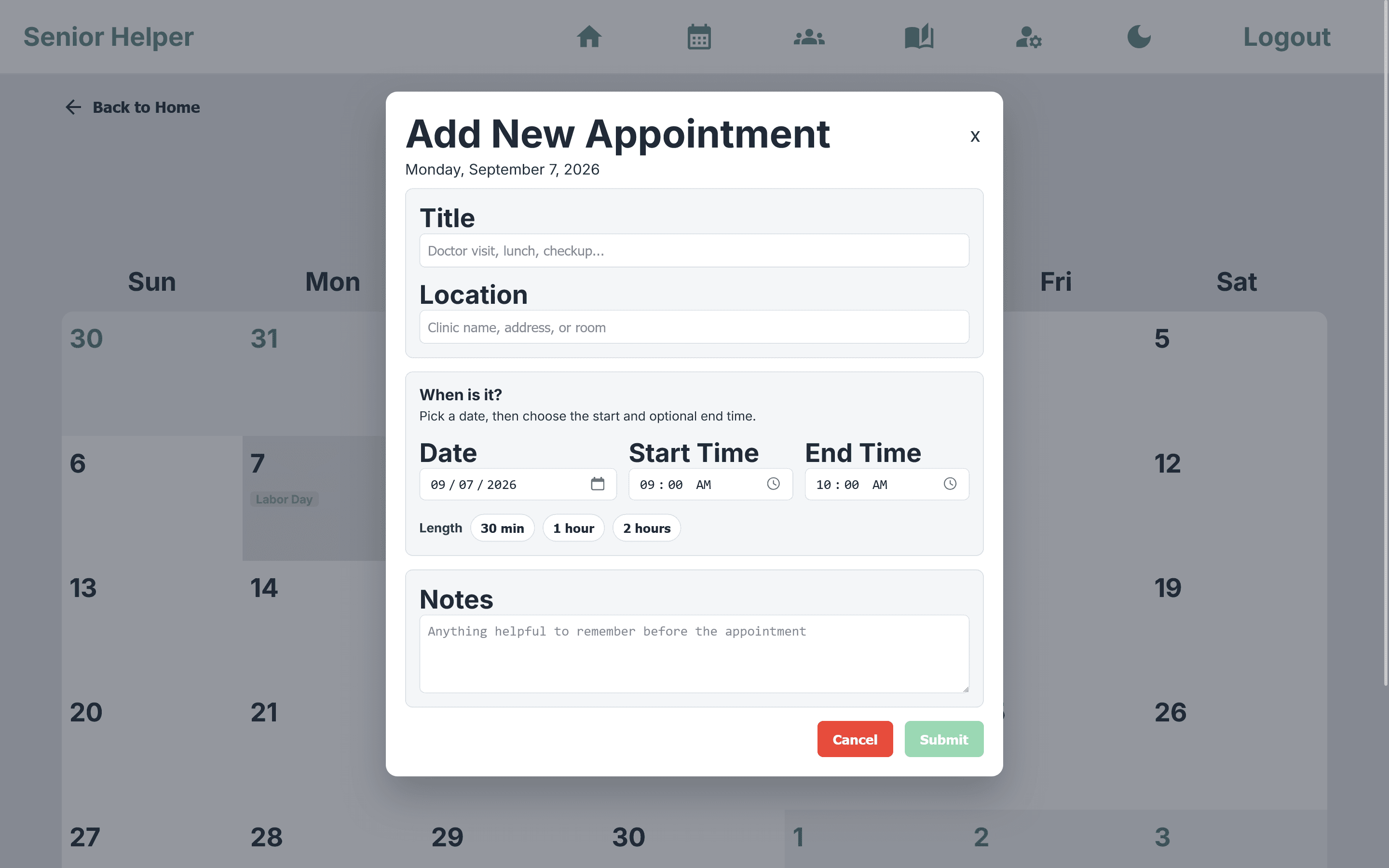 Senior Helper appointment form in light mode