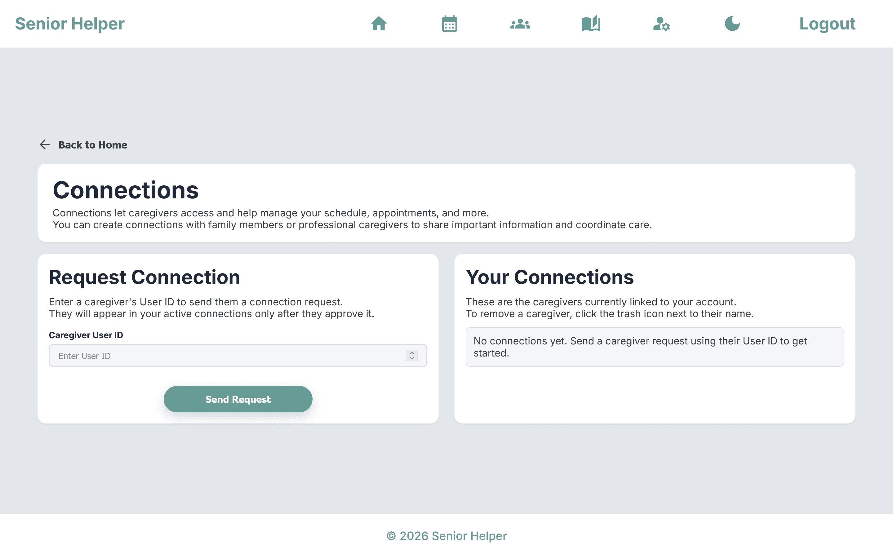 Senior Helper caregiver and family connections in light mode