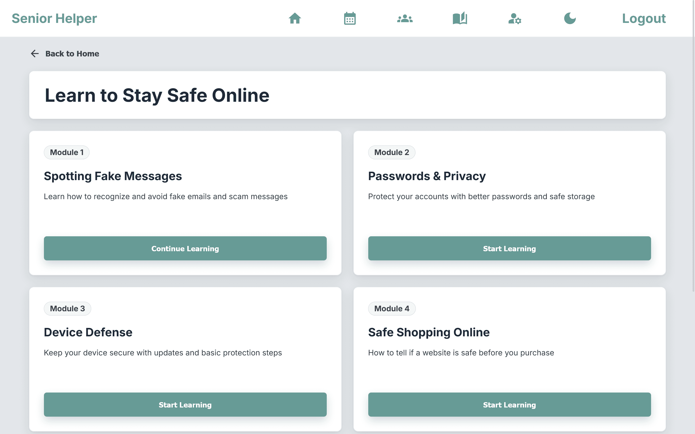 Senior Helper online safety education modules in light mode