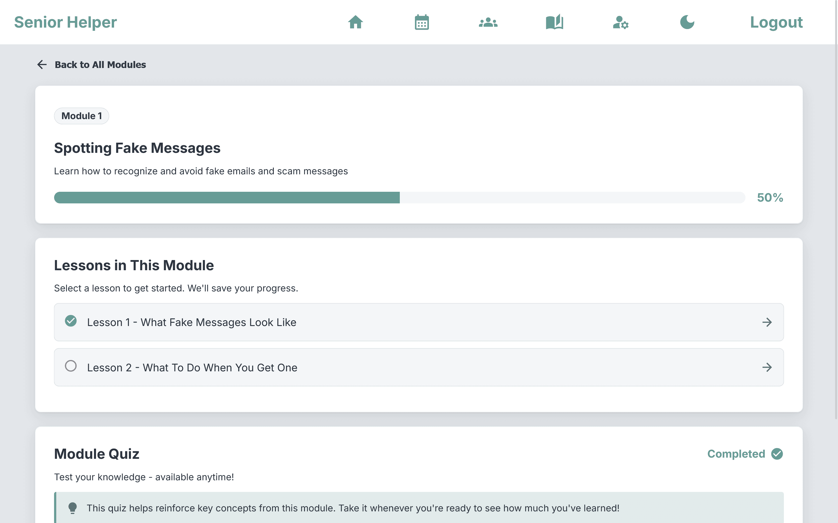 Senior Helper education module overview in light mode