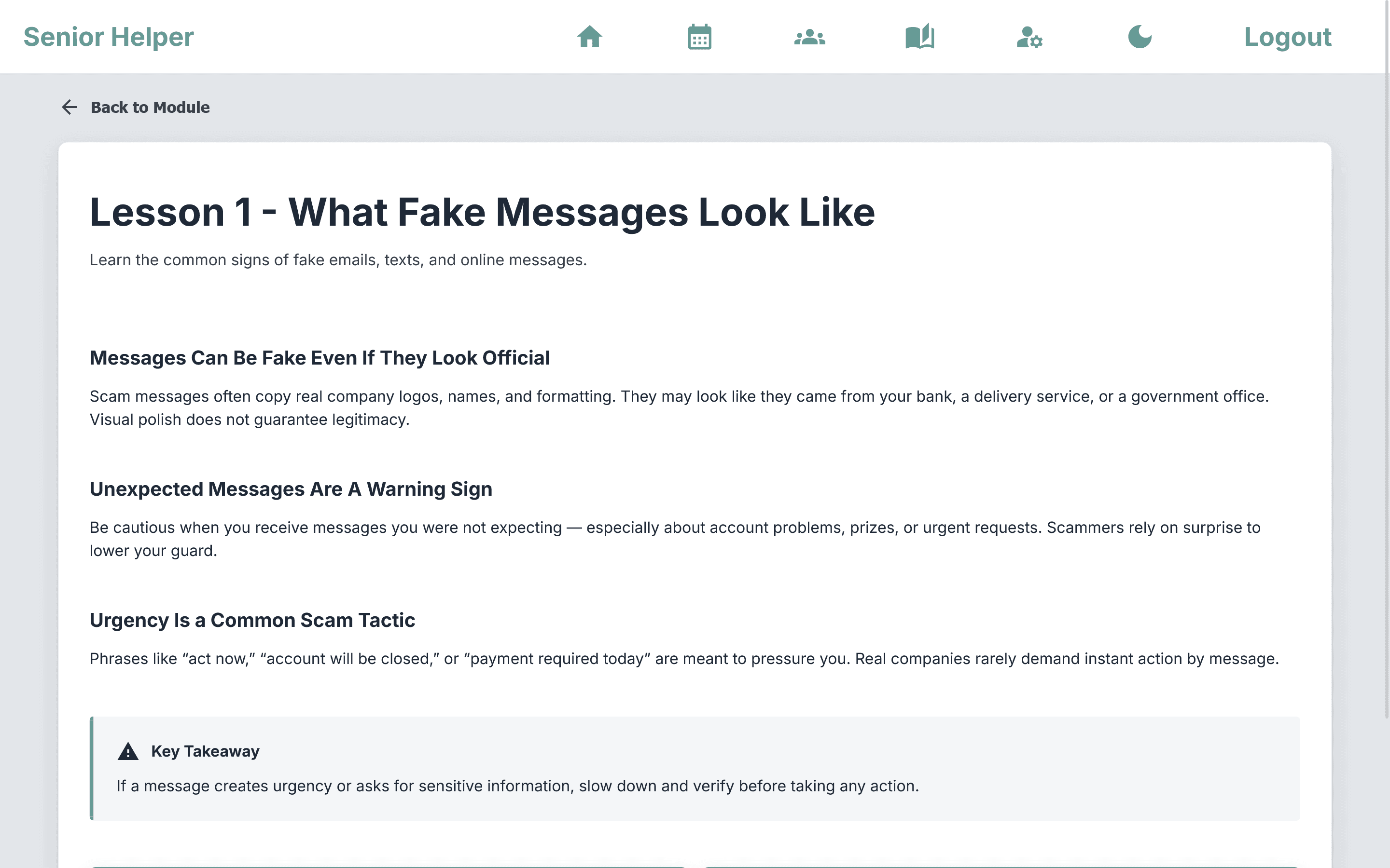 Senior Helper online safety lesson in light mode