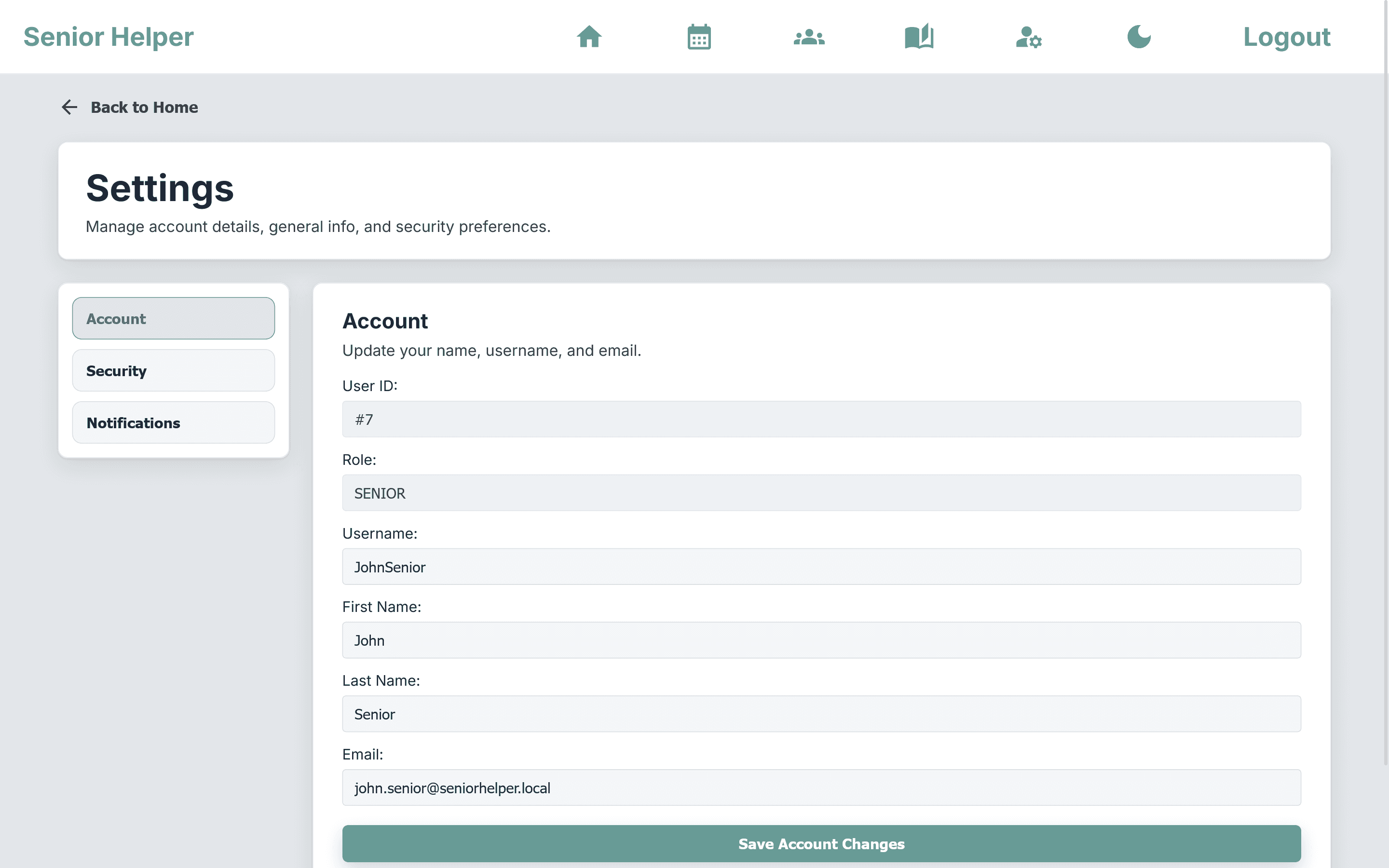 Senior Helper account settings in light mode