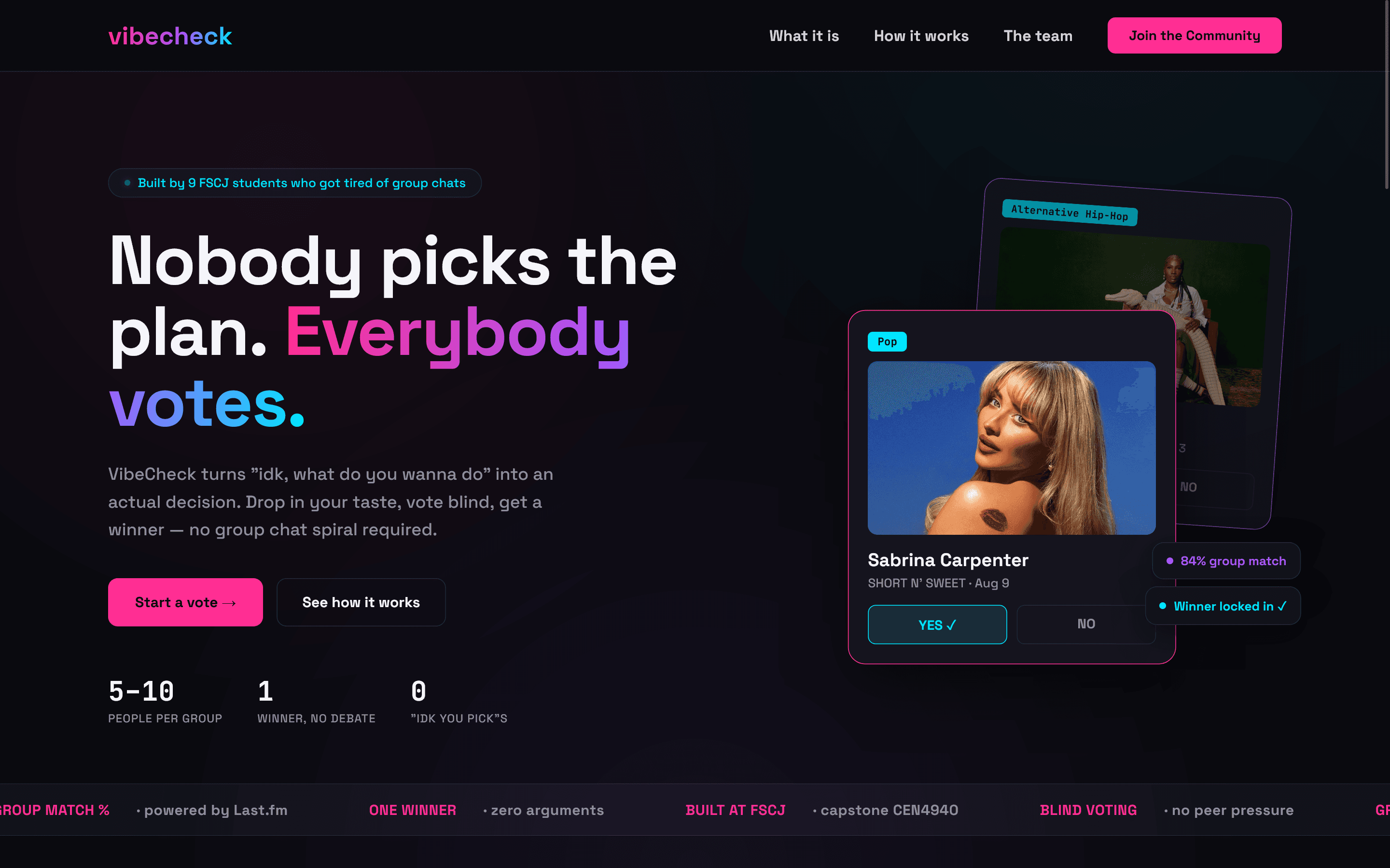 VibeCheck landing page introducing live music matching and group voting
