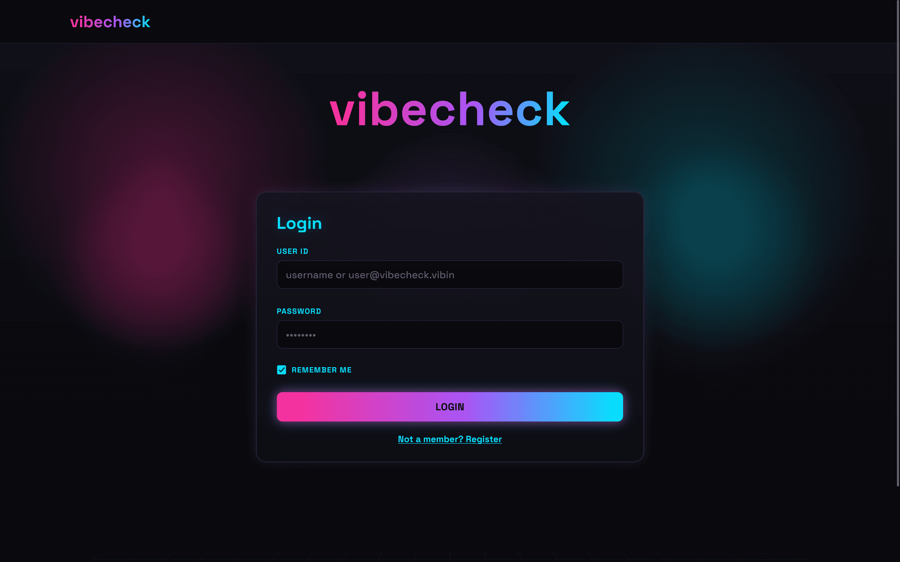 VibeCheck login screen