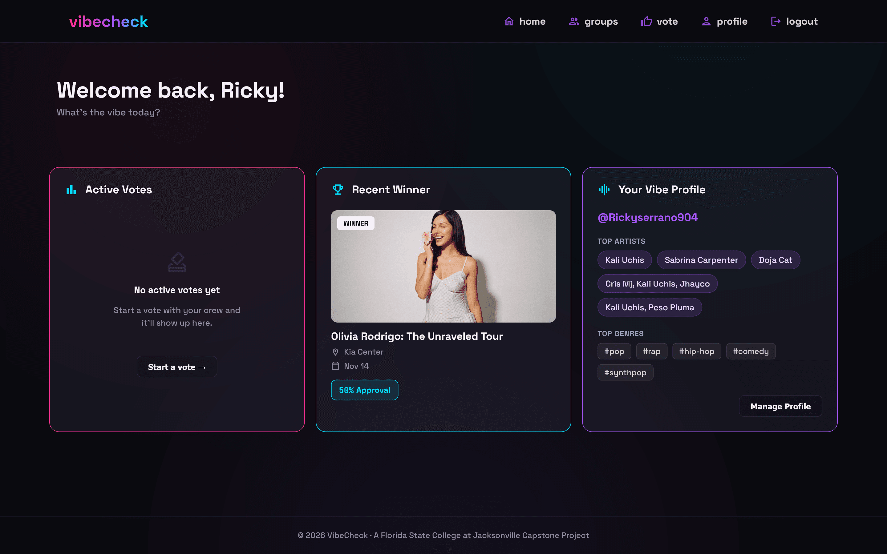 VibeCheck dashboard after signing in
