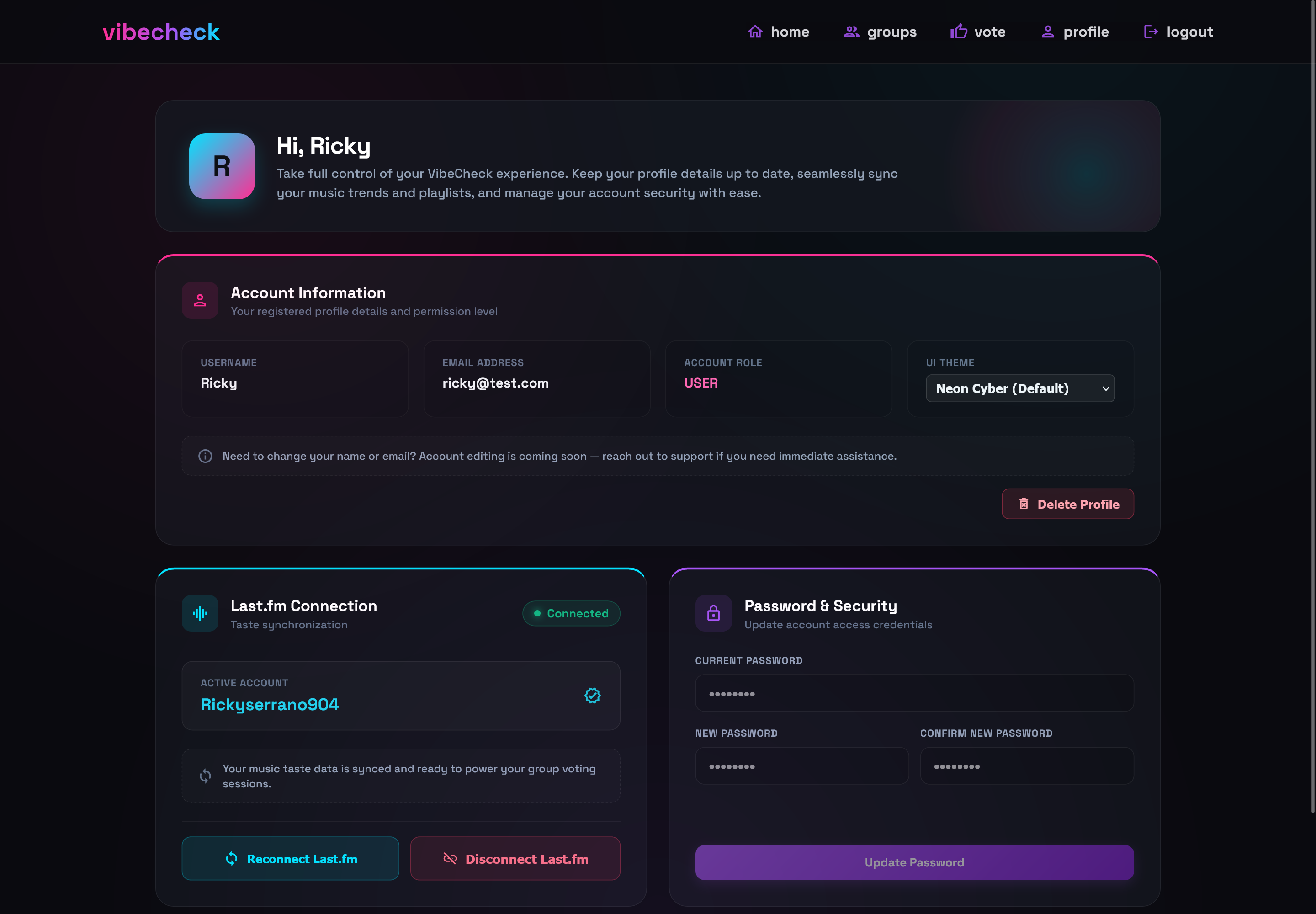 User profile showing account information, a connected Last.fm account, and password settings