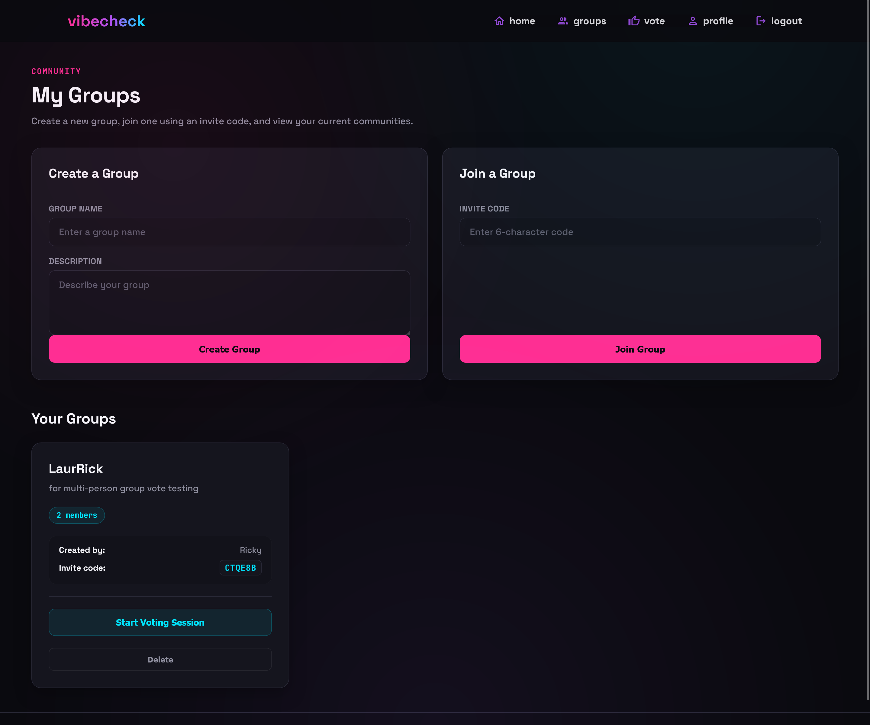 VibeCheck group management screen