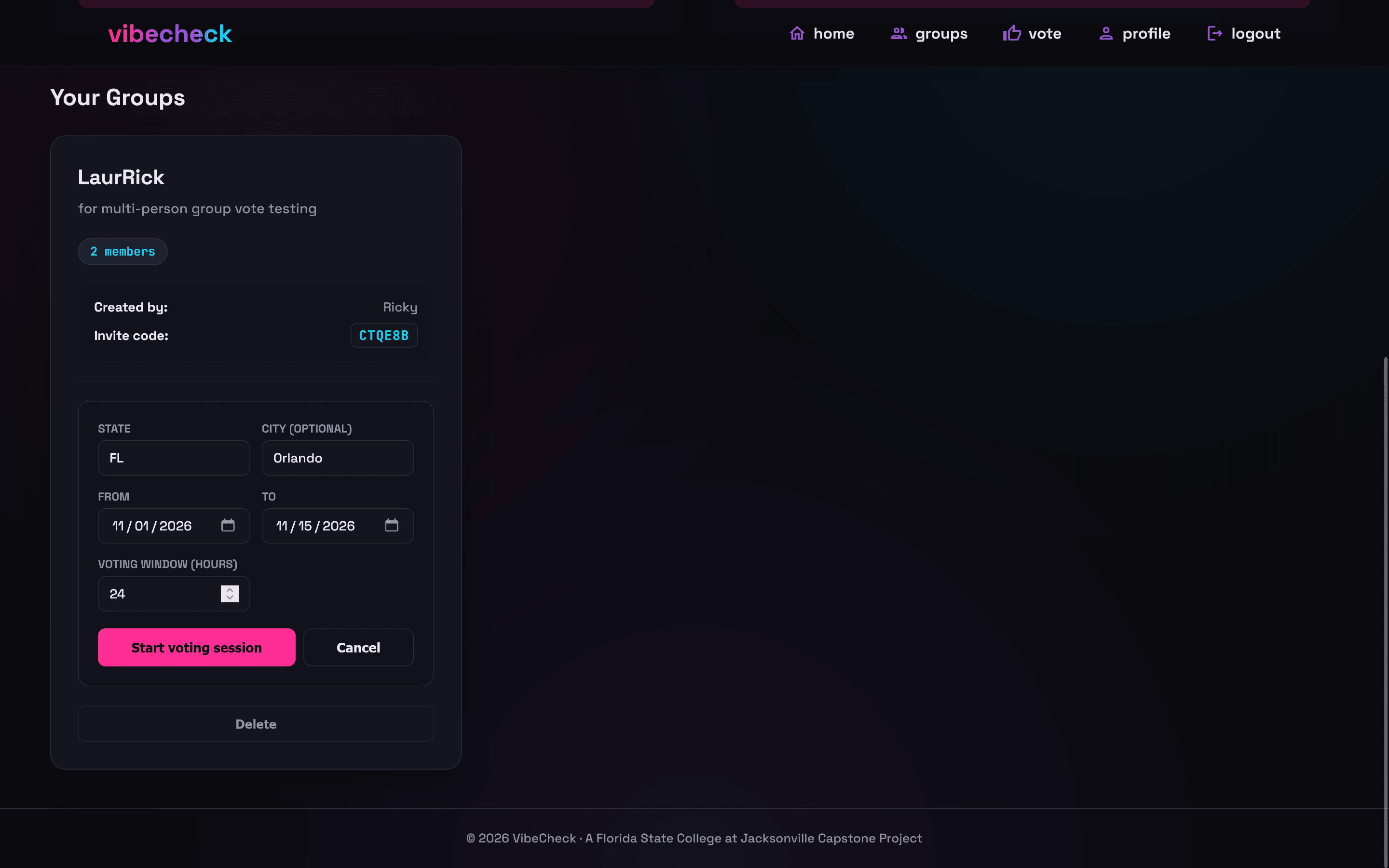 VibeCheck voting session setup screen