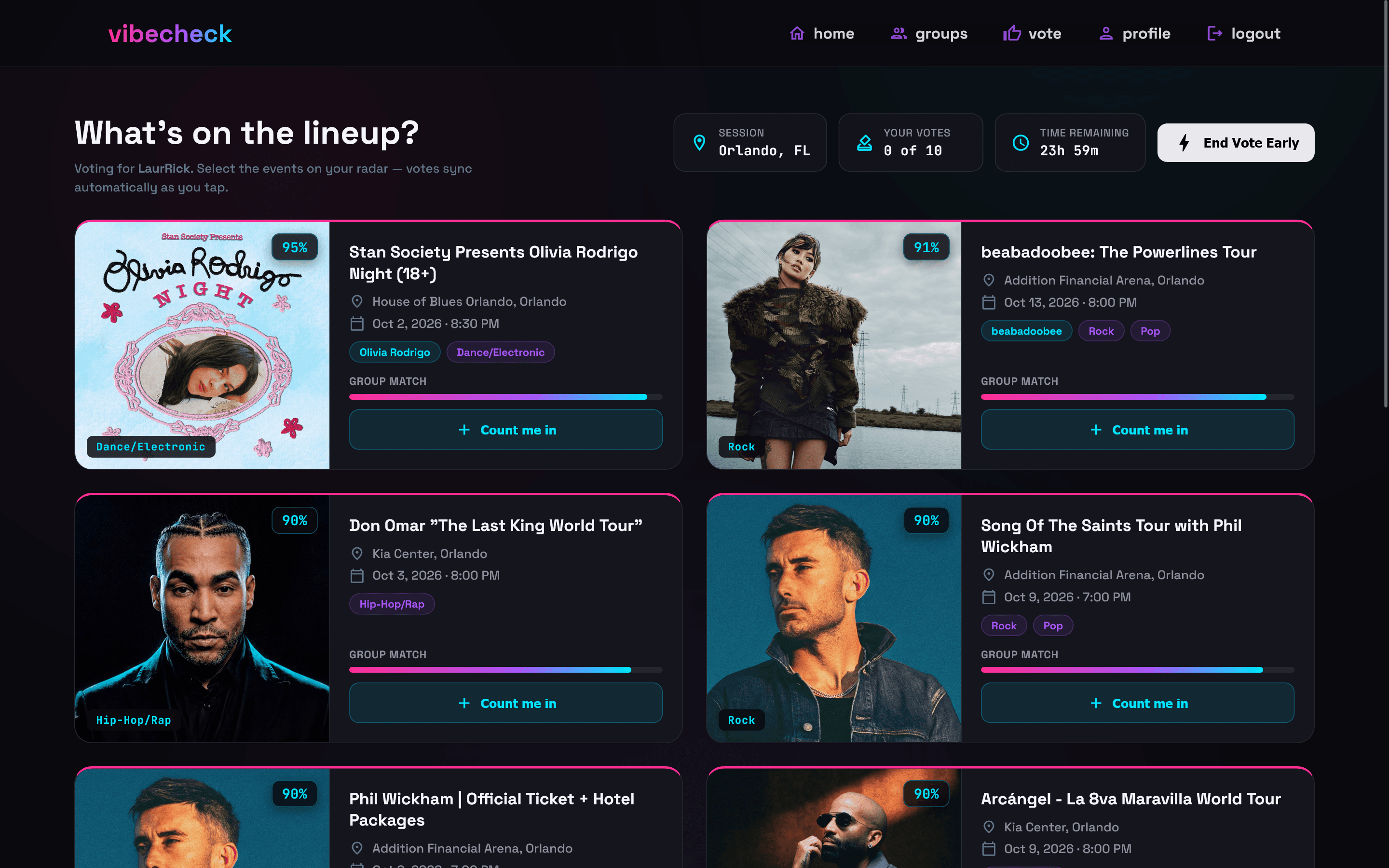 Event voting cards showing artists, venues, dates, and group match scores