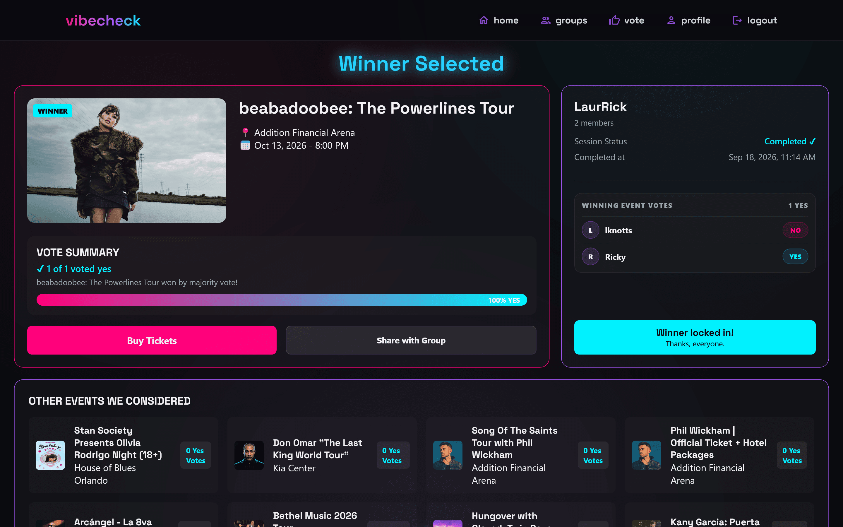 Completed voting session showing the winning event, vote summary, and ticket link