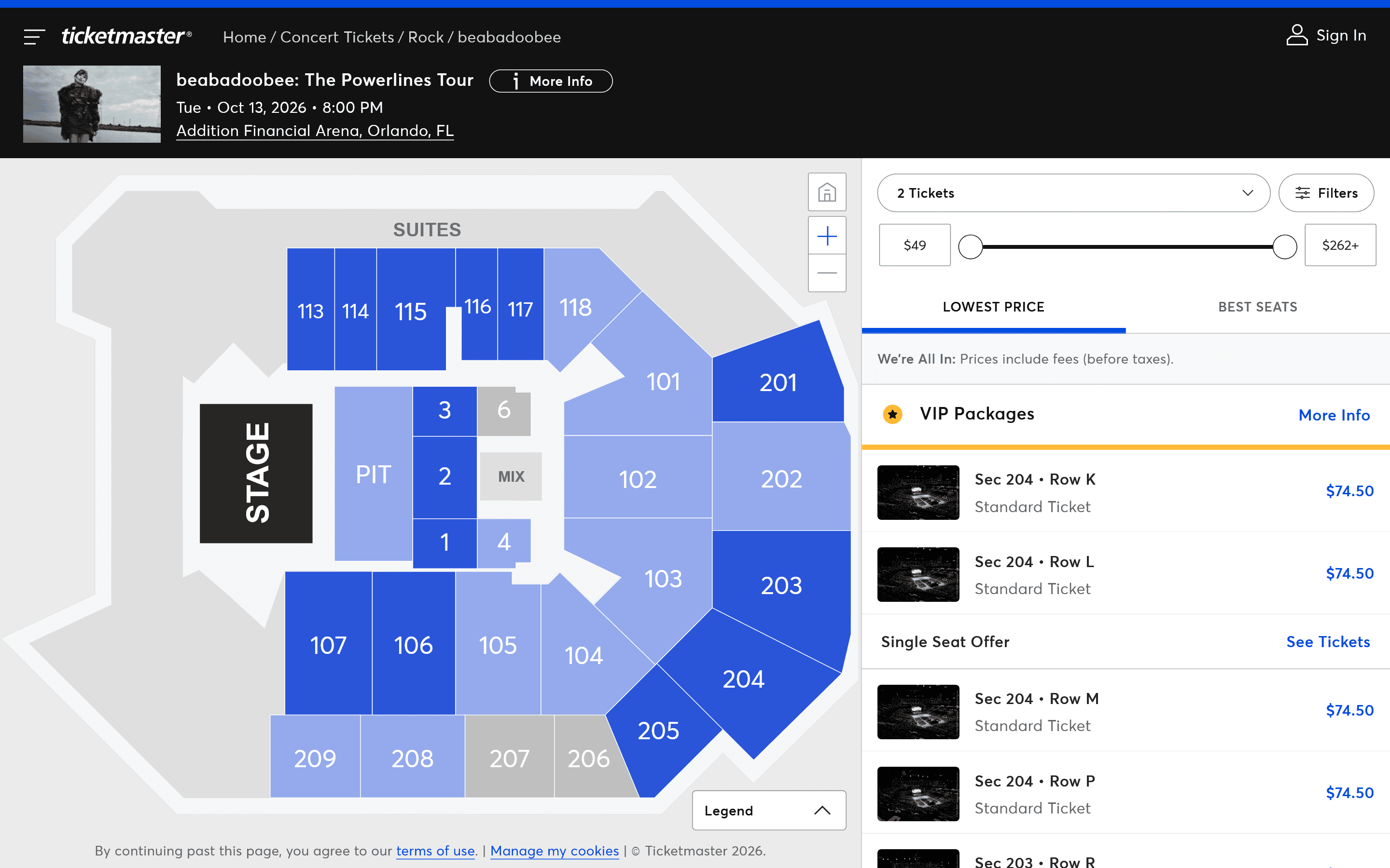 Ticket page for the selected event