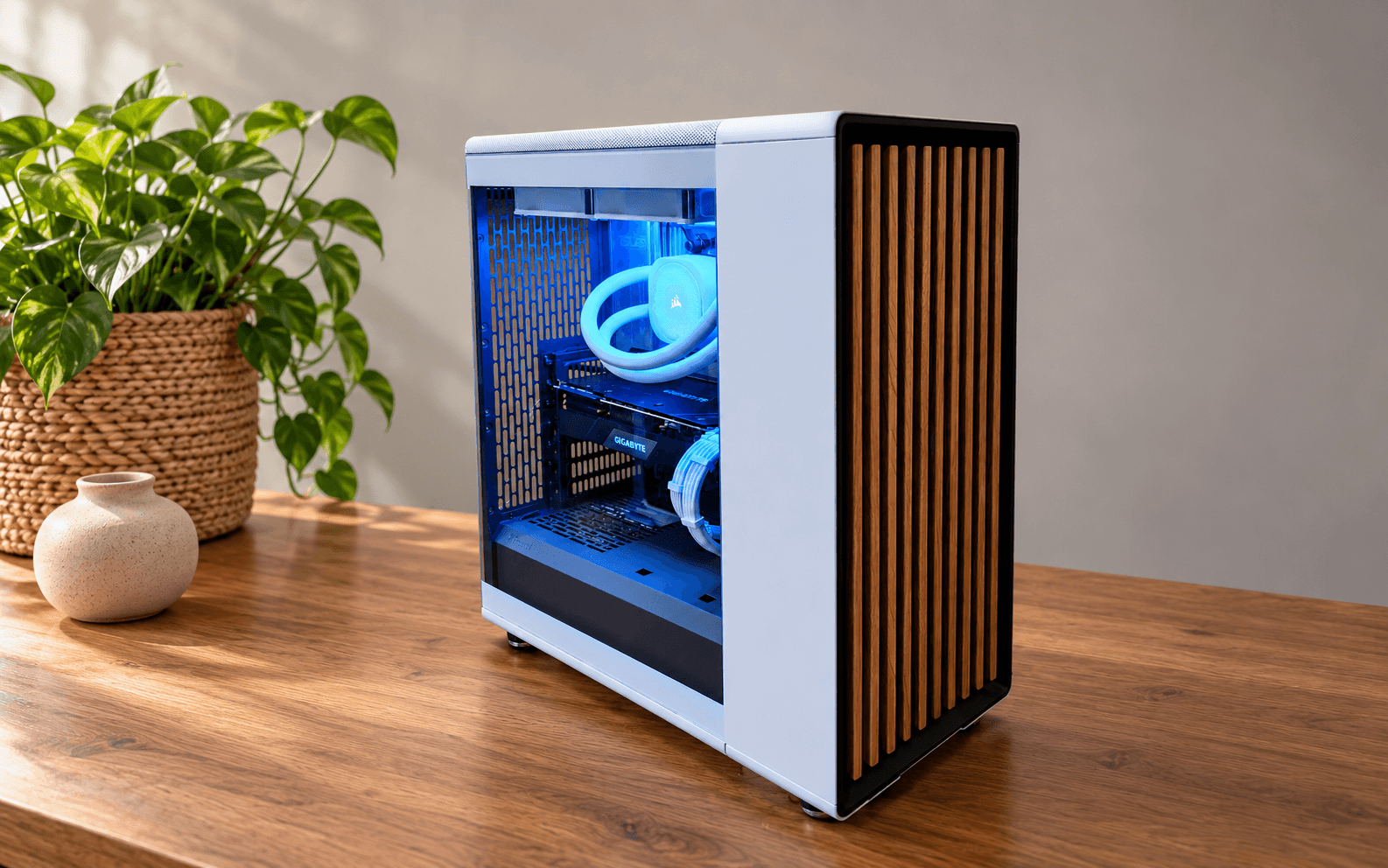 Completed white Fractal North editing PC with blue interior lighting and a wood front panel