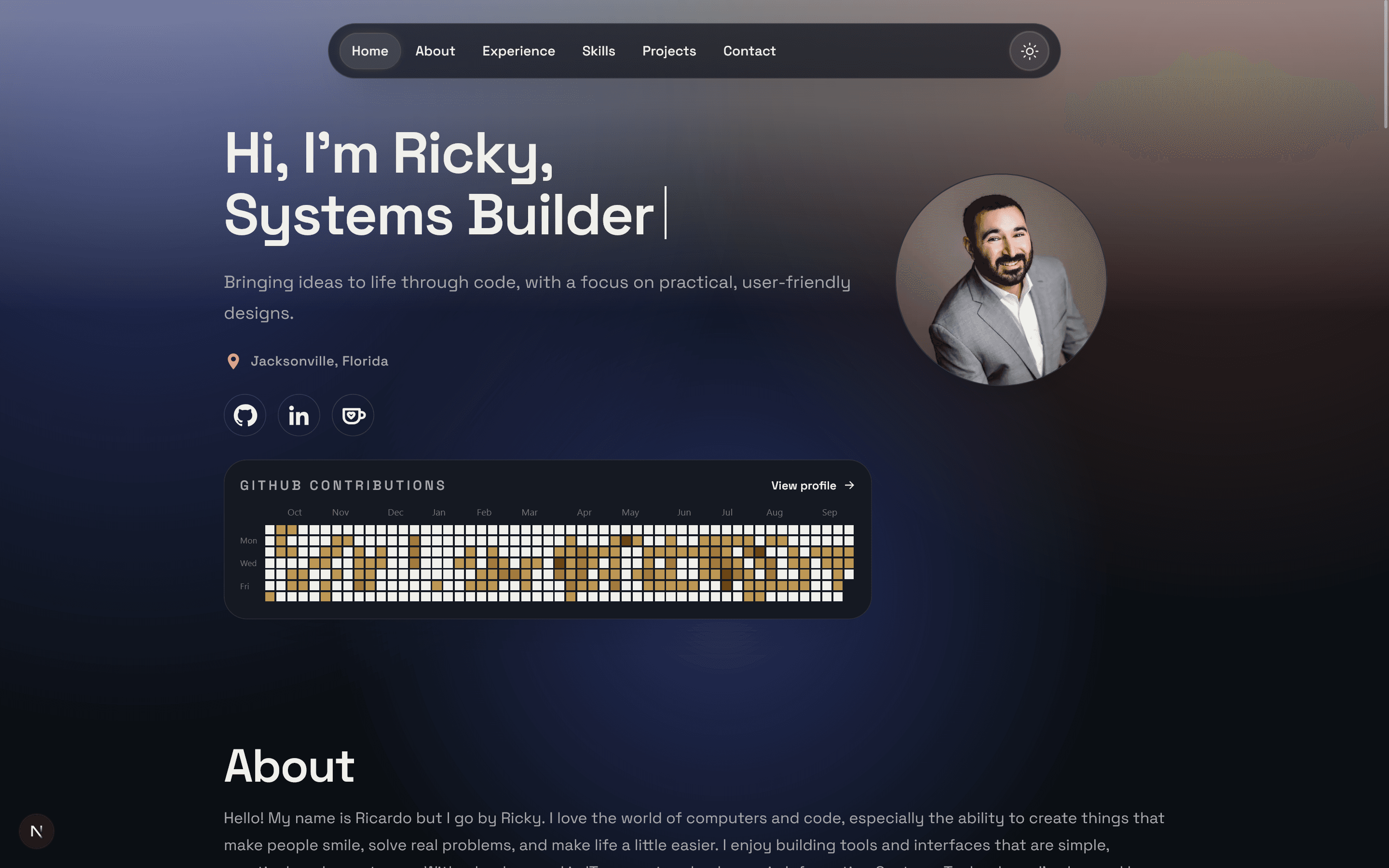 Ricky Serrano's portfolio homepage in dark mode with a profile photo and GitHub contribution graph