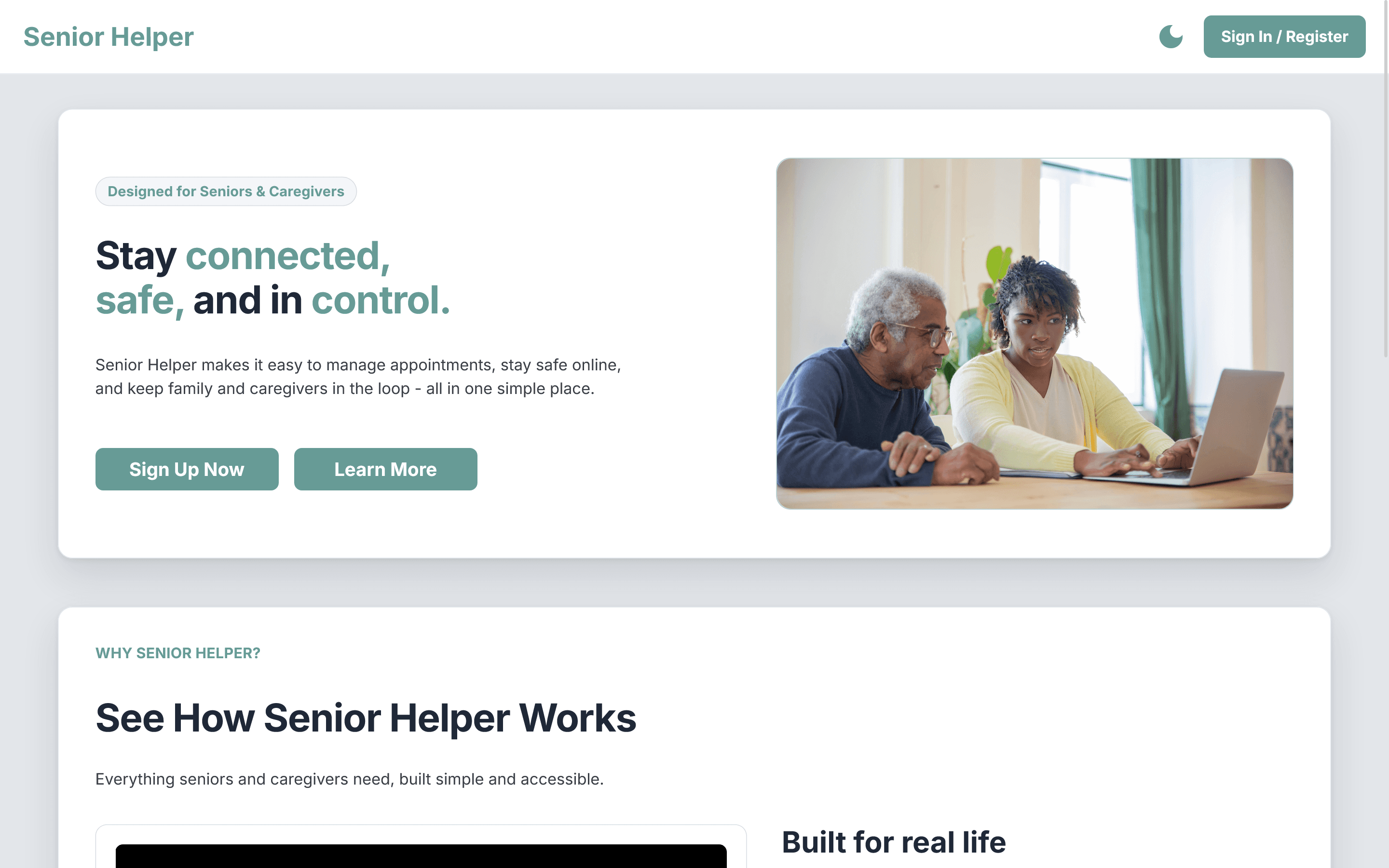 Senior Helper landing page in light mode